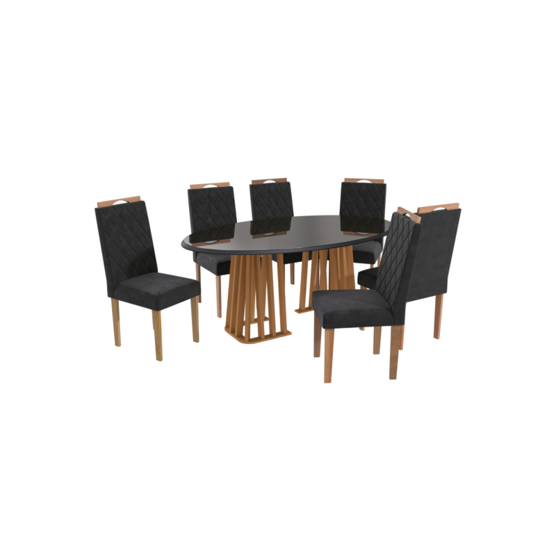Sala de Jantar Kappesberg Alteia com Tampo Oval 180x105 cm em Vidro Preto e 6 Cadeiras de Madeira Camélia Veludo Preto