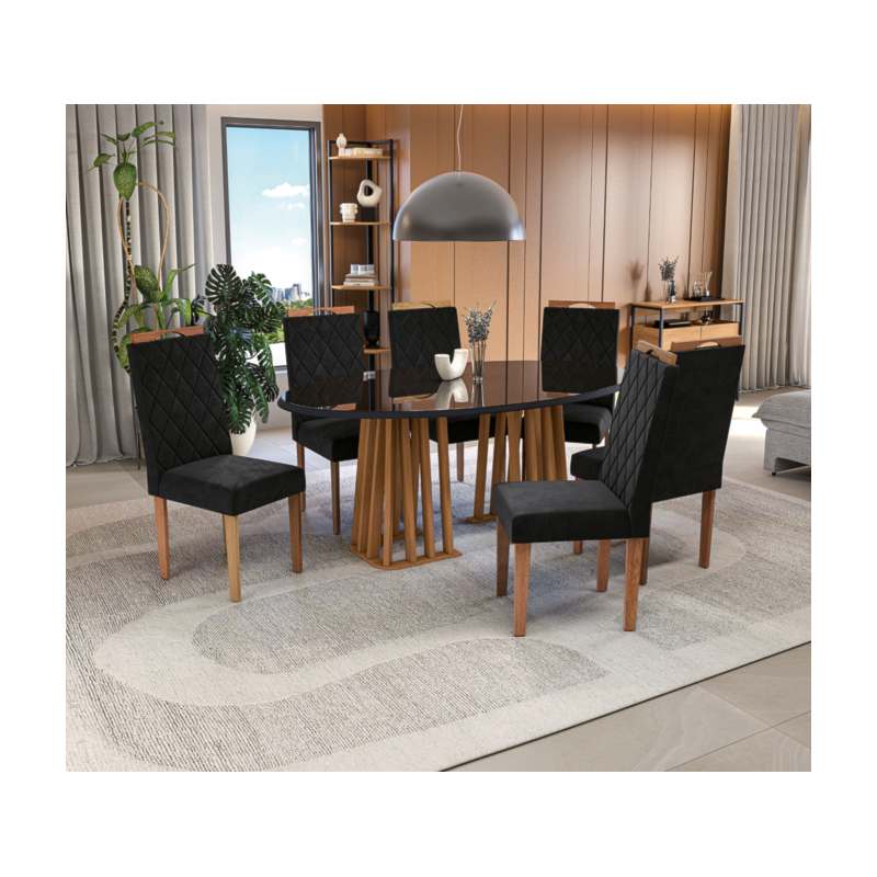 Sala de Jantar Kappesberg Alteia com Tampo Oval de 1800X1050 com Vidro Preto e 6 Cadeira de Madeira Camelia de Veludo Preto