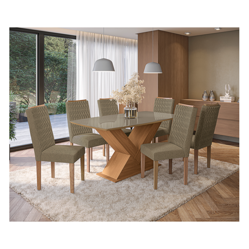 Sala de Jantar Kappesberg Amora com Tampo Retangular 170x90 cm em Vidro Bronze e 6 Cadeiras de Madeira Aura Bouclé Terracota