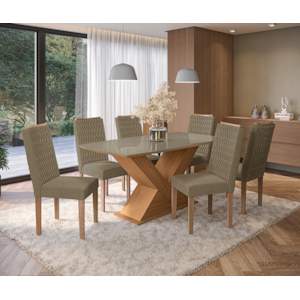 Sala de Jantar Kappesberg Amora com Tampo Retangular 170x90 cm em Vidro Bronze e 6 Cadeiras de Madeira Aura Bouclé Terracota