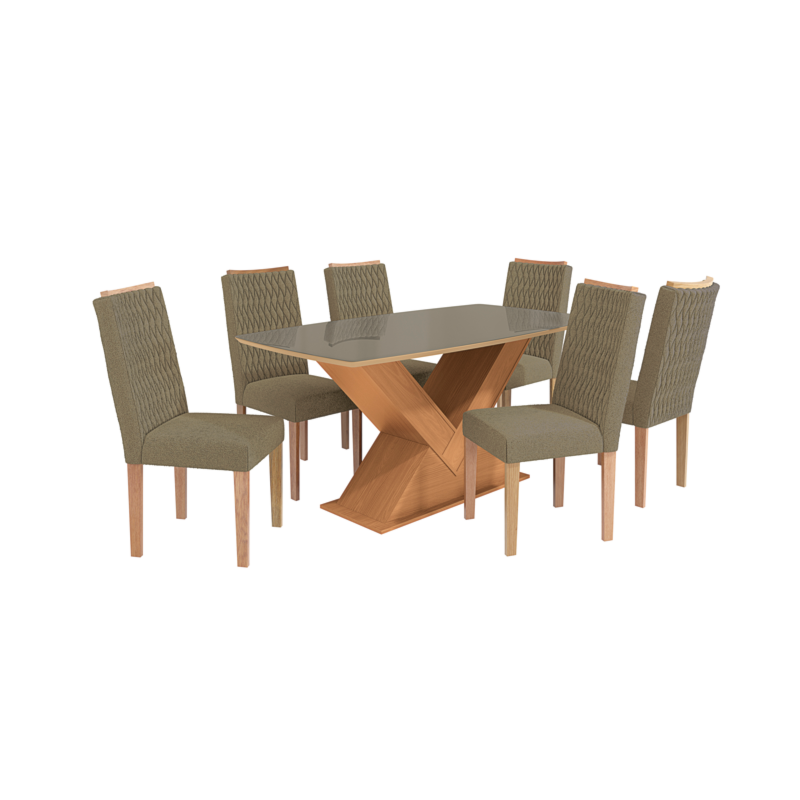 Sala de Jantar Kappesberg Amora com Tampo Retangular de 1700X900 com Vidro de Bronze e 6 Cadeiras de Madeira Aura Boucle Terracota
