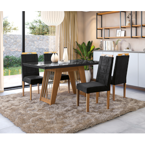 Sala de Jantar Kappesberg Cinara com Tampo Retangular 160x90 cm em Vidro Preto e 6 Cadeiras de Madeira Flora Veludo Preto