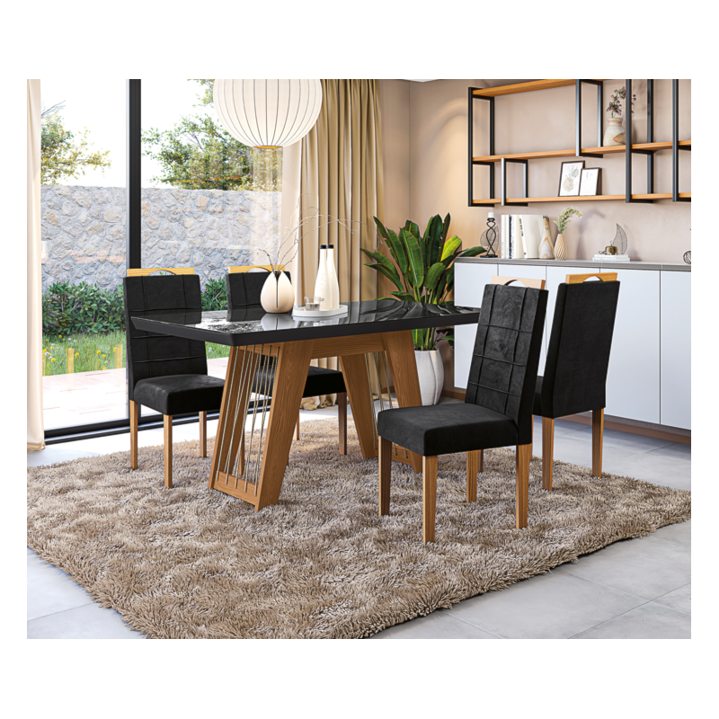 Sala de Jantar Kappesberg Cinara com Tampo Retangular 160x90 cm em Vidro Preto e 6 Cadeiras de Madeira Flora Veludo Preto