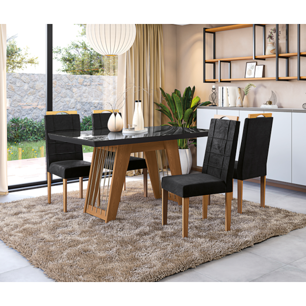 Sala de Jantar Kappesberg Cinara com Tampo Retangular 160x90 cm em Vidro Preto e 6 Cadeiras de Madeira Flora Veludo Preto-e8a3f23c-e27e-4197-bce7-05ff2e92fcb9
