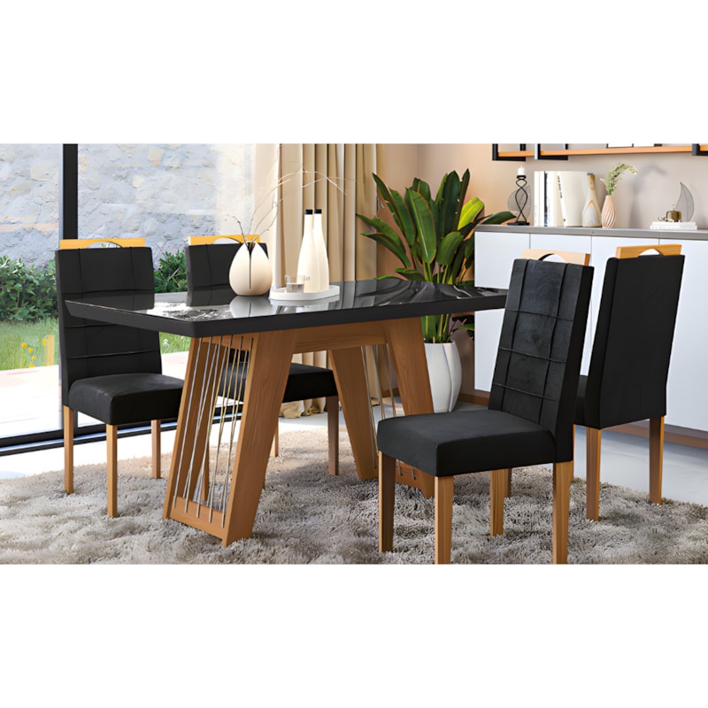 Sala de Jantar Kappesberg Cinara com Tampo Retangular 160x90 cm em Vidro Preto e 6 Cadeiras de Madeira Flora Veludo Preto-06144388-e99f-4508-8097-82010ae45ed9