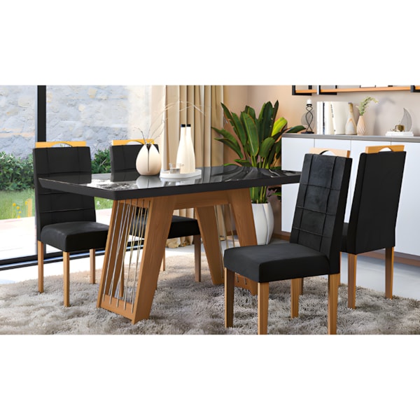 Sala de Jantar Kappesberg Cinara com Tampo Retangular 160x90 cm em Vidro Preto e 6 Cadeiras de Madeira Flora Veludo Preto-1d6b344a-5fe6-4c58-8ae5-30899a14cf3d