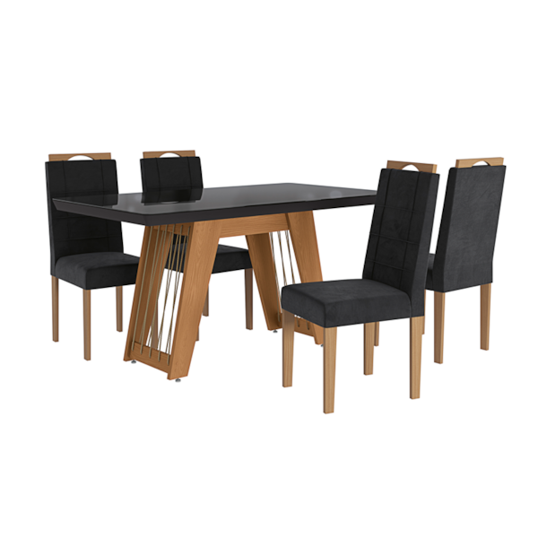 Sala de Jantar Kappesberg Cinara com Tampo Retangular de 1600X9000 de Vidro Preto e 6 Cadeira de Madeira Flora de Veludo Preto-3e94f802-ef16-44a9-a351-1759d4826682