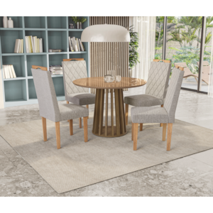 Sala de Jantar Kappesberg Lavanda com Mesa Redonda de Vidro Nogueira e 4 Cadeiras de Madeira com Estofado Linho Cinza Mesclado