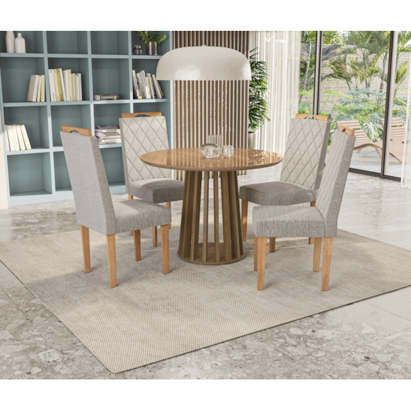 Sala de Jantar Kappesberg Lavanda com Mesa Redonda de Vidro Nogueira e 4 Cadeiras de Madeira com Estofado Linho Cinza Mesclado-99245b3d-086a-4991-9762-5e334a37bae7