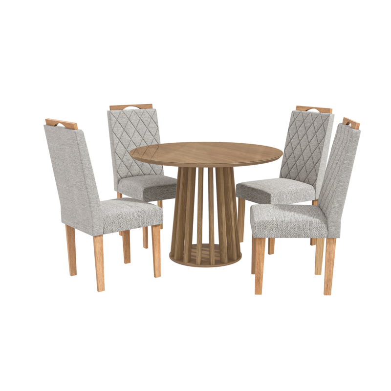 Sala de Jantar Kappesberg Lavanda com Mesa Redonda de Vidro Nogueira e 4 Cadeiras de Madeira com Estofado Linho Cinza Mesclado