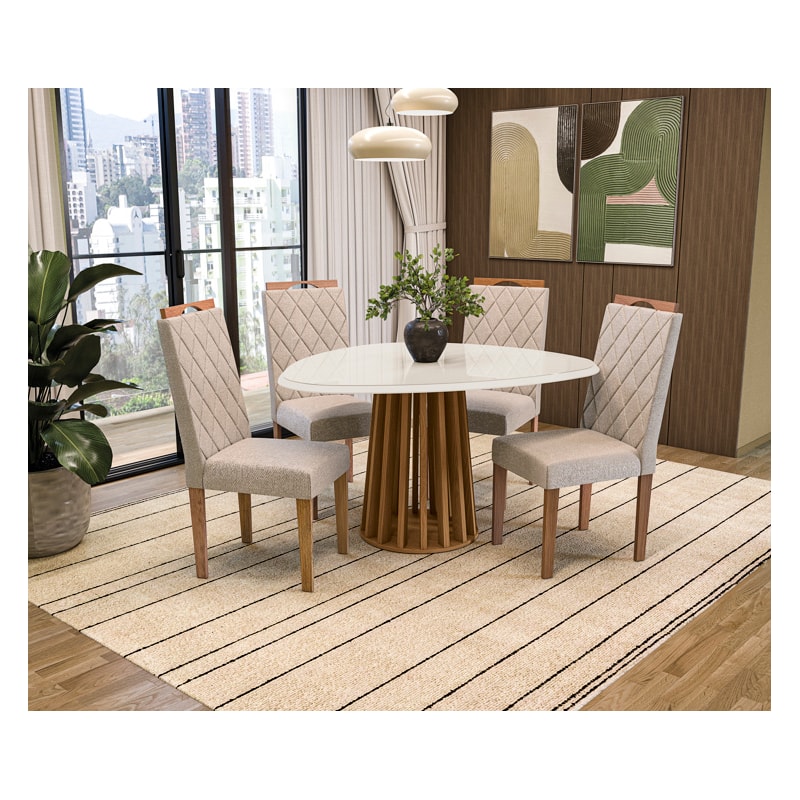 Sala de Jantar Kappesberg Lavanda com Tampo Organico 1350X1050 com Vidro Off White 4 Cadeiras de Madeira Camelia de Linho Bege