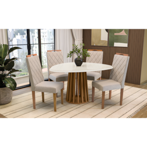Sala de Jantar Kappesberg Lavanda com Tampo Organico 1350X1050 com Vidro Off White 4 Cadeiras de Madeira Camelia de Linho Bege