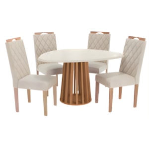Sala de Jantar Kappesberg Lavanda com Tampo Organico 1350X1050 com Vidro Off White 4 Cadeiras de Madeira Camelia de Linho Bege