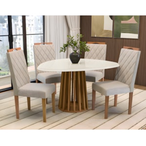 Sala de Jantar Kappesberg Lavanda com Tampo Organico 1350X1050 com Vidro Off White 4 Cadeiras de Madeira Camelia de Linho Bege