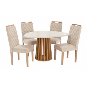 Sala de Jantar Kappesberg Lavanda com Tampo Organico 1350X1050 com Vidro Off White 4 Cadeiras de Madeira Camelia de Linho Bege