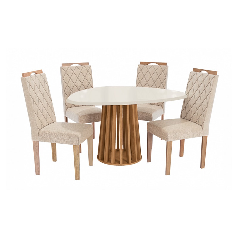 Sala de Jantar Kappesberg Lavanda com Tampo Organico 1350X1050 com Vidro Off White 4 Cadeiras de Madeira Camelia de Linho Bege