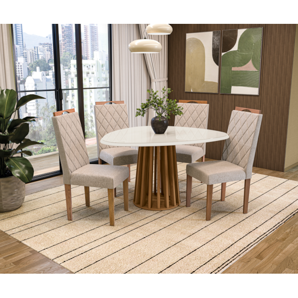 Sala de Jantar Kappesberg Lavanda com Tampo Organico 1350X1050 com Vidro Off White 4 Cadeiras de Madeira Camelia de Linho Bege-bc547922-998b-42a5-9fac-85ae9f5068ea
