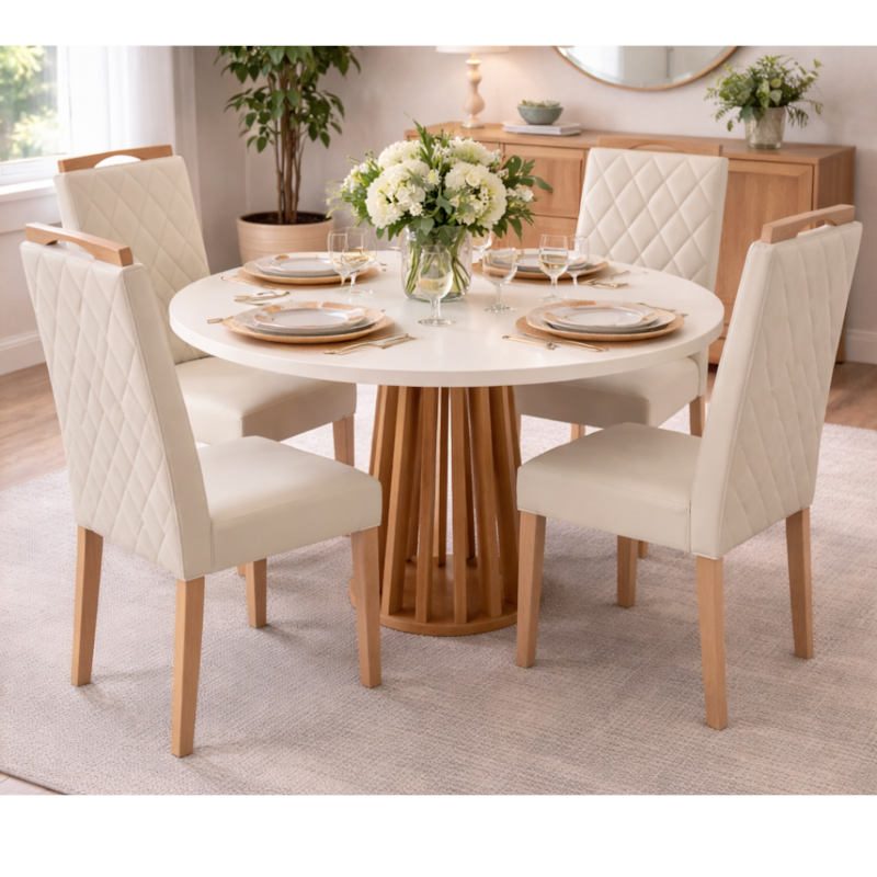 Sala de Jantar Kappesberg Lavanda &ndash; Conjunto Completo com Mesa Tampo Chamfron e 4 Cadeiras