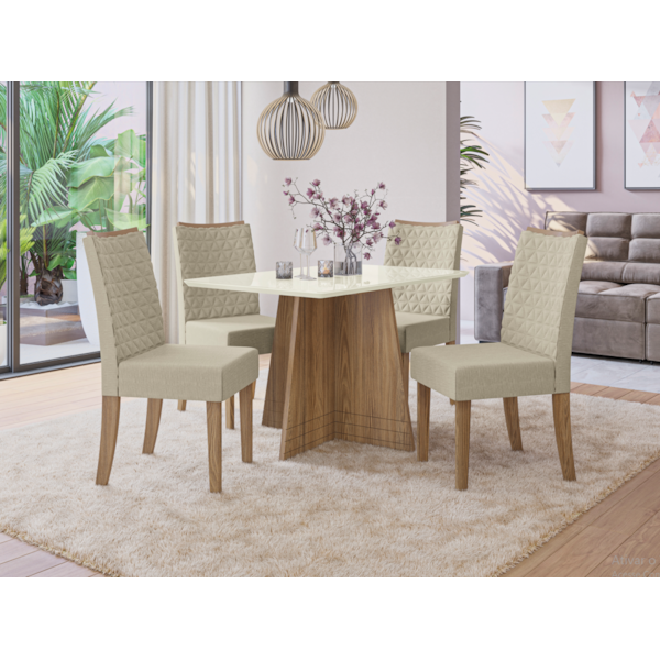 Sala de Jantar Kappesberg Lotus com Base e Tampo Retangular de Vidro Off White 4 Cadeiras Linho Bege de Madeira-e6ec7072-982b-4699-a572-12abddb7f847