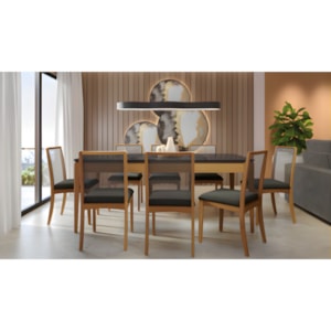 Sala de Jantar Kappesberg Mira com Tampo Retangular de 2000X1000 com Vidro Preto e 8 Cadeira de Madeira Lara Corino Chumbo com Tela Chumbo