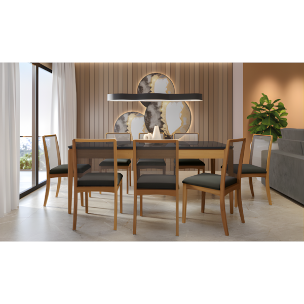 Sala de Jantar Kappesberg Mira com Tampo Retangular de 2000X1000 com Vidro Preto e 8 Cadeira de Madeira Lara Corino Chumbo com Tela Chumbo-0e306cfe-96c8-41e6-b170-ad402fa67188