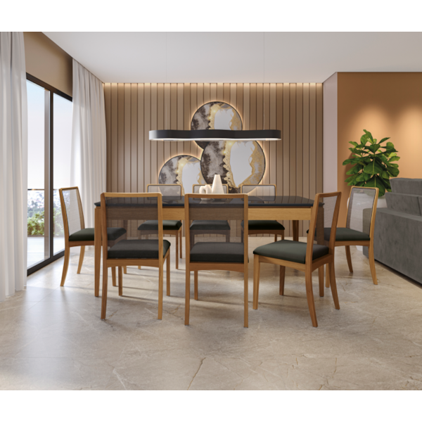 Sala de Jantar Kappesberg Mira com Tampo Retangular de 2000X1000 com Vidro Preto e 8 Cadeira de Madeira Lara Corino Chumbo com Tela Chumbo-350ffd16-bb83-456a-89d7-e65cf3ad5051