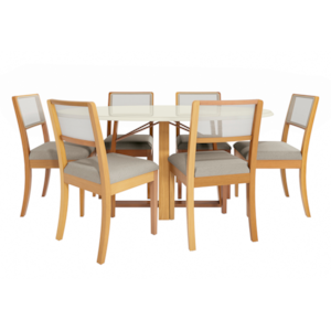 Sala Jantar Kappesberg Elma Tampo Oval 1800X1050 Vidro Off White 6Cad Madeira Linho Caqui Tela Bege CSJ052CA-A040A