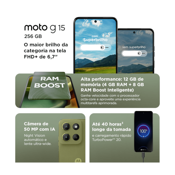 Smartphone Motorola Moto G15, 256GB, 12GB RAM (4GB + 8GB Boost), Câmera 50MP com AI, Tela 6.7