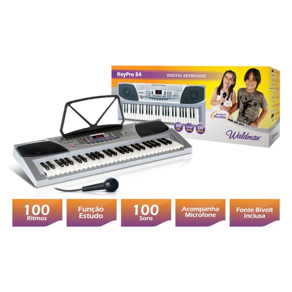 Teclado Musical WALDMAN KeyPro de 54 teclas, 100 sons, 100 ritmos, Função Estudo, microfone e Fonte Bivolt mod. KEP-54-95ace460-22a8-45c7-b20d-d402a850d9e5