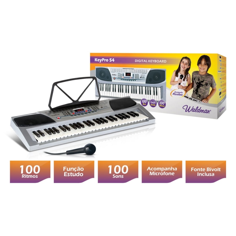 Teclado Musical WALDMAN KeyPro de 54 teclas, 100 sons, 100 ritmos, Função Estudo, microfone e Fonte Bivolt mod. KEP-54-974dd060-3731-4351-a0b7-9a571c991e9b